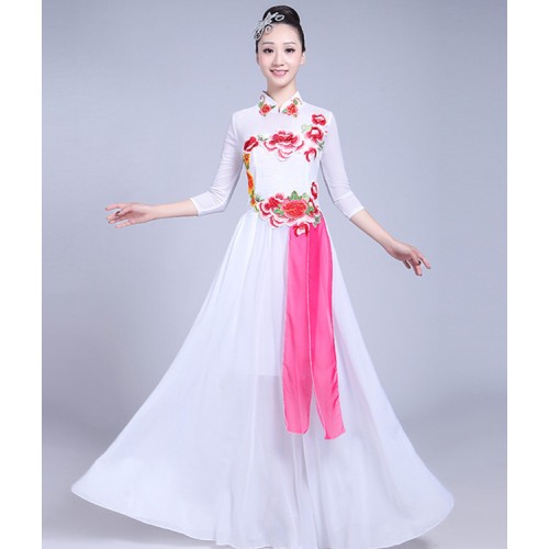 Women's Chinese folk dance costumes chorus singers dress Royal blue white red ancient classical traditional dance dresses